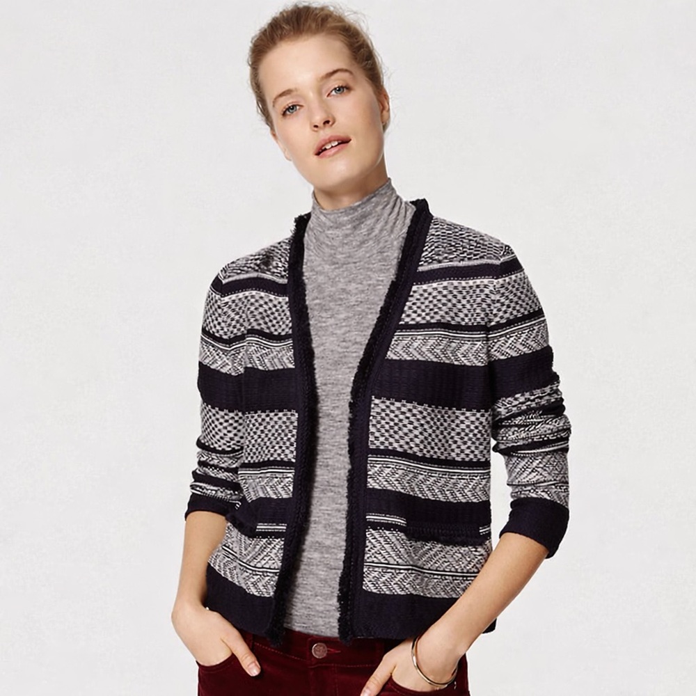 Loft 100% Cotton Knit‎ Open Cardigan Navy/Cream Size XS Lady Jacket